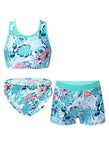 iEFiEL 3er Set Mädchen Bikini mit Blumendruck Badeanzug Rückenfrei Top und Bikinihose Kurz Shorts Hawaii Bademode Badebekleidung gr. 98-176 X Blatt 146-152 von iEFiEL