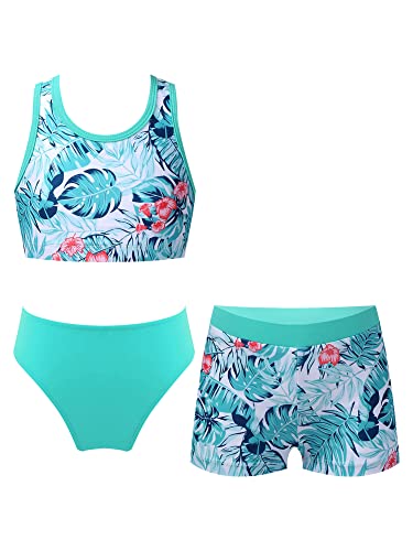 iEFiEL 3er Set Mädchen Bikini mit Blumendruck Badeanzug Rückenfrei Top und Bikinihose Kurz Shorts Hawaii Bademode Badebekleidung gr. 98-176 X See Grün 158-164 von iEFiEL