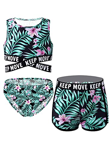 iEFiEL 3er Set Mädchen Bikini mit Blumendruck Badeanzug Rückenfrei Top und Bikinihose Kurz Shorts Hawaii Bademode Badebekleidung gr. 98-176 Xa Lilie 170-176 von iEFiEL