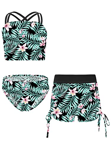 iEFiEL 3er Set Mädchen Bikini mit Blumendruck Badeanzug Rückenfrei Top und Bikinihose Kurz Shorts Hawaii Bademode Badebekleidung gr. 98-176 Xb Lilie 146-152 von iEFiEL