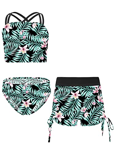 iEFiEL 3er Set Mädchen Bikini mit Blumendruck Badeanzug Rückenfrei Top und Bikinihose Kurz Shorts Hawaii Bademode Badebekleidung gr. 98-176 Xb Lilie 158-164 von iEFiEL
