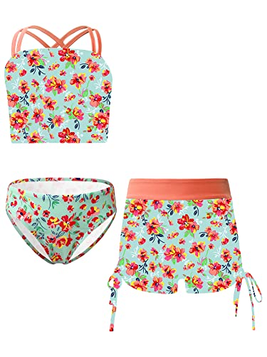 iEFiEL 3er Set Mädchen Bikini mit Blumendruck Badeanzug Rückenfrei Top und Bikinihose Kurz Shorts Hawaii Bademode Badebekleidung gr. 98-176 Xb Orange 134-140 von iEFiEL