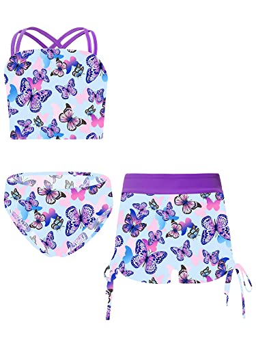 iEFiEL 3er Set Mädchen Bikini mit Blumendruck Badeanzug Rückenfrei Top und Bikinihose Kurz Shorts Hawaii Bademode Badebekleidung gr. 98-176 Xb Violett 122-128 von iEFiEL