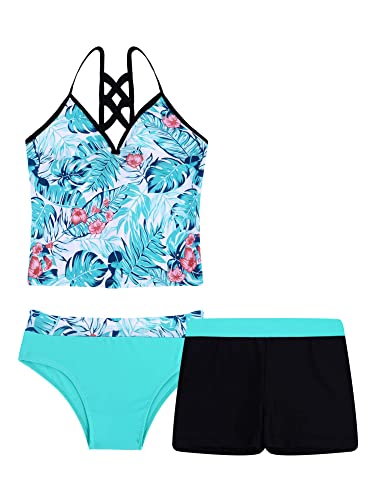 iEFiEL 3tlg. Mädchen Tankini Set Spaghetti-Träger Tops + Schlüpfer + Badeshorts Bikini Sets Blumen Druck Badeanzug Bade Bekleidung Strandmode Grün 146-152 von iEFiEL