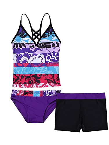 iEFiEL 3tlg. Mädchen Tankini Set Spaghetti-Träger Tops + Schlüpfer + Badeshorts Bikini Sets Blumen Druck Badeanzug Bade Bekleidung Strandmode Lila 158-164 von iEFiEL