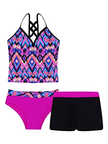 iEFiEL 3tlg. Mädchen Tankini Set Spaghetti-Träger Tops + Schlüpfer + Badeshorts Bikini Sets Blumen Druck Badeanzug Bade Bekleidung Strandmode Rosenrot 158-164 von iEFiEL