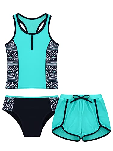 iEFiEL 3tlg. Mädchen Tankini Set Spaghetti-Träger Tops + Schlüpfer + Badeshorts Bikini Sets Blumen Druck Badeanzug Bade Bekleidung Strandmode Wa Minzgrün 170-176 von iEFiEL