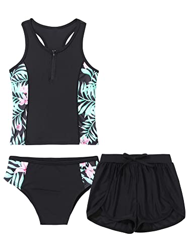 iEFiEL 3tlg. Mädchen Tankini Set Spaghetti-Träger Tops + Schlüpfer + Badeshorts Bikini Sets Blumen Druck Badeanzug Bade Bekleidung Strandmode Wa Schwarze Lilie 134-140 von iEFiEL