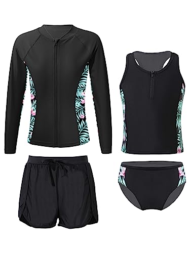 iEFiEL 3tlg. Mädchen Tankini Set Spaghetti-Träger Tops + Schlüpfer + Badeshorts Bikini Sets Blumen Druck Badeanzug Bade Bekleidung Strandmode Xa Reißverschlusslilie 170-176 von iEFiEL