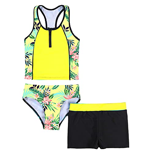 iEFiEL 3tlg. Mädchen Tankini Set Spaghetti-Träger Tops + Schlüpfer + Badeshorts Bikini Sets Blumen Druck Badeanzug Bade Bekleidung Strandmode Zitrone Gelb 146-152 von iEFiEL