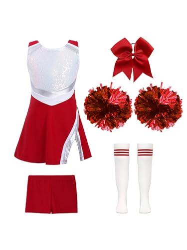 iEFiEL 5tlg. Mädchen Cheer Leader Kostüm Glitzer Minikleid mit Shorts Pompoms Schleife Socken Kinder Cheerleading Uniform Sets für Karneval Fasching Halloween Rot 122-128 von iEFiEL