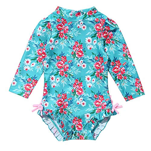 iEFiEL Baby Mädchen Badebekleidung Langarm Badeanzug Blumenmuster One Piece Tankini Bikini Bademode Sommer Anzug für Kleinkinder 0-24 Monate Blau 68-80 von iEFiEL