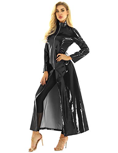 iEFiEL Cooler Matrix Kostüm Damen Herren Lackleder Jacke Stehkragen Trenchcoat mit Reißverschluss Umhang Sexy Fasching Kostüm Karneval Verkleidung Schwarz L von iEFiEL