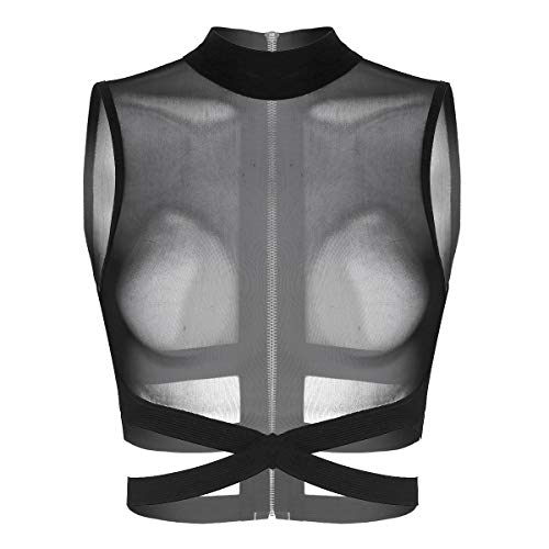 iEFiEL Damen Ärmelloses Shirt Transparent Tüll Mesh Bluse Body T-Shirt Tunika Tops Wetlook Clubwear Bikini Oberteil S-4XL Schwarz M von iEFiEL