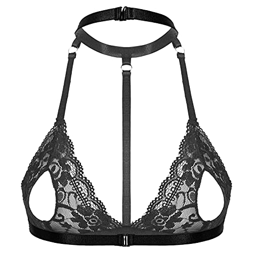 iEFiEL Damen BH Bustier Brustfrei aus Spitze Bralett sexy Tiefer V-Ausschnitt Tops Bikini Oberteil Reizwäsche Dessous Schwarz+Neckholder M von iEFiEL