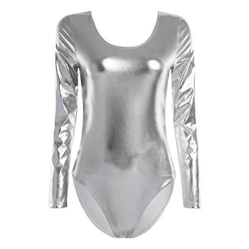 iEFiEL Damen Ballettanzug Langarm Body Gymnastikanzug Wetlook Ballett Trikot Einteiler Body Bodysuit (S, Silber) von iEFiEL