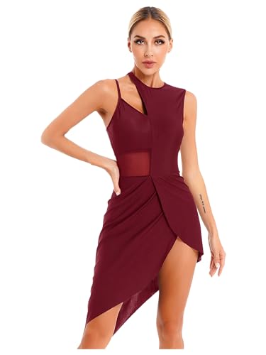 iEFiEL Damen Ballettkleid Ballettanzug mit Asymmetrisch Rock Swing Kleid Spitzen Ballett Trikot Lyrischer Tanzkleid Zb Burgundy L von iEFiEL