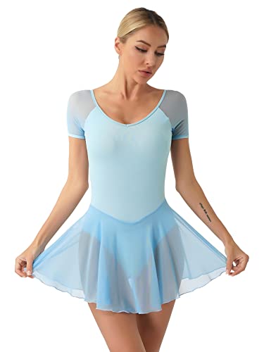 iEFiEL Damen Ballettkleid Kurzarm Ballettanzug Patchwork Ballettkleidung Basic Tanzkleid Rückenfrei Ballett Trikot Wickelrock Hell Blau M von iEFiEL