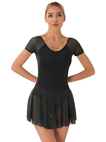 iEFiEL Damen Ballettkleid Kurzarm Ballettanzug Patchwork Ballettkleidung Basic Tanzkleid Rückenfrei Ballett Trikot Wickelrock Schwarz L von iEFiEL