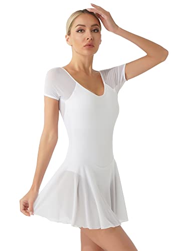 iEFiEL Damen Ballettkleid Kurzarm Ballettanzug Patchwork Ballettkleidung Basic Tanzkleid Rückenfrei Ballett Trikot Wickelrock Weiß XL von iEFiEL