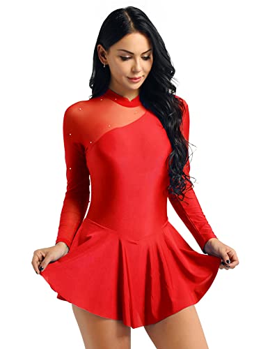 iEFiEL Damen Langarm Ballettkleid Eiskunstlauf Kleid mit Glitzer Kristallen Ballettkleidung Gymnastik Leotard Turnanzug Tanzkostüm Rot S von iEFiEL