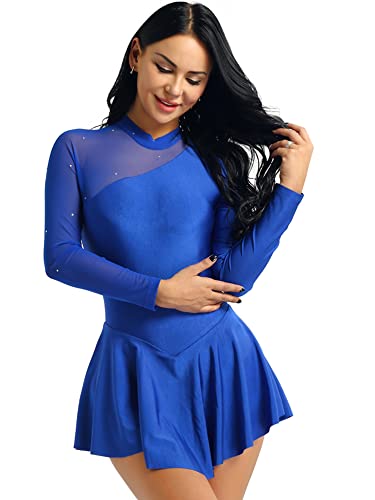 iEFiEL Damen Langarm Ballettkleid Eiskunstlauf Kleid mit Glitzer Kristallen Ballettkleidung Gymnastik Leotard Turnanzug Tanzkostüm Blau L von iEFiEL