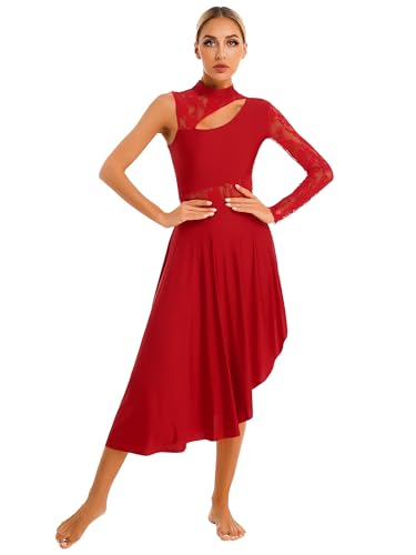 iEFiEL Damen Ballettkleid Langarm Ballettanzug mit Asymmetrisch Rock Swing Kleid Spitzen Ballett Trikot Lyrischer Tanzkleid A Rot L von iEFiEL