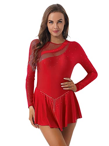 iEFiEL Damen Langarm Ballettkleid Eiskunstlauf Kleid mit Glitzer Kristallen Ballettkleidung Gymnastik Leotard Turnanzug Tanzkostüm Wh Rot L von iEFiEL