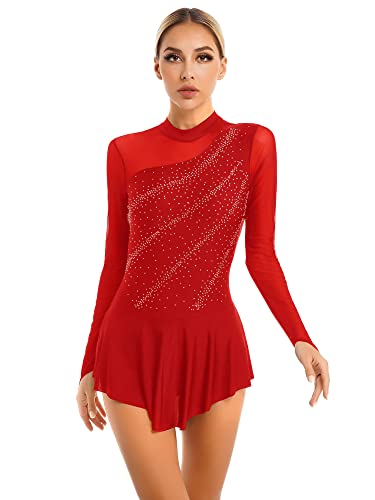 iEFiEL Damen Langarm Ballettkleid Eiskunstlauf Kleid mit Glitzer Kristallen Ballettkleidung Gymnastik Leotard Turnanzug Tanzkostüm Za Rot L von iEFiEL