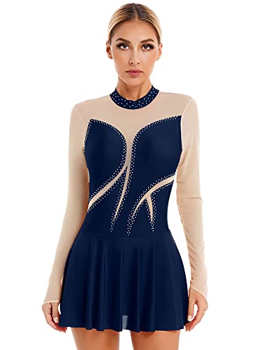 iEFiEL Damen Langarm Ballettkleid Eiskunstlauf Kleid mit Glitzer Kristallen Ballettkleidung Gymnastik Leotard Turnanzug Tanzkostüm Zb Marineblau S von iEFiEL