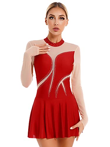 iEFiEL Damen Langarm Ballettkleid Eiskunstlauf Kleid mit Glitzer Kristallen Ballettkleidung Gymnastik Leotard Turnanzug Tanzkostüm Zb Rot L von iEFiEL