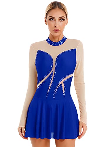 iEFiEL Damen Langarm Ballettkleid Eiskunstlauf Kleid mit Glitzer Kristallen Ballettkleidung Gymnastik Leotard Turnanzug Tanzkostüm Zb Royal Blau M von iEFiEL