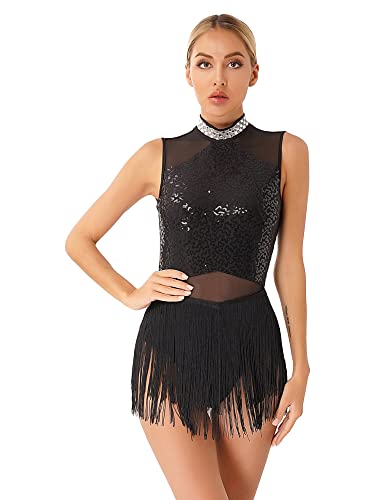 iEFiEL Damen Glitzer Ballettkleid mit Quasten Eiskunstlauf Kleid Rückenfrei Turnanzug Tanzanzug Ballettkleidung Leotard Tanzkostüm Schwarz S von iEFiEL