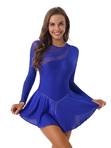 iEFiEL Damen Langarm Ballettkleid Eiskunstlauf Kleid mit Glitzer Kristallen Ballettkleidung Gymnastik Leotard Turnanzug Tanzkostüm Wh Königsblau L von iEFiEL