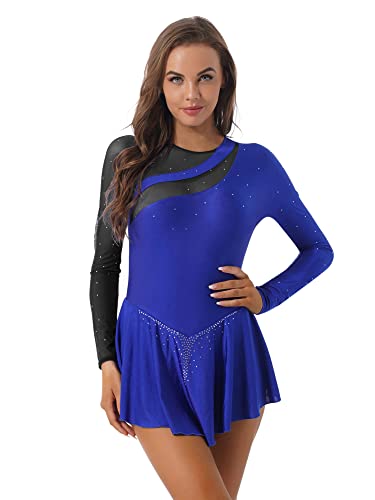 iEFiEL Damen Langarm Ballettkleid Eiskunstlauf Kleid mit Glitzer Kristallen Ballettkleidung Gymnastik Leotard Turnanzug Tanzkostüm Wh Schwarz + Blau L von iEFiEL