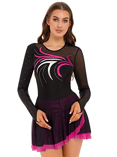 iEFiEL Damen Langarm Eiskunstlauf Kleid Glitzer Tanzkleid Strass Kürkleid Rollkunstlauf Bekleidung Tanzanzug Tanzkostüm Rosa XXL von iEFiEL