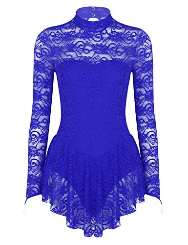 iEFiEL Damen Ballettkleid Rollkragen Spitzen Eiskunstlauf Kleid Tanzkleid Langarm Ballettanzug Trikot Body Wettkampf Sportkleid Blau L von iEFiEL