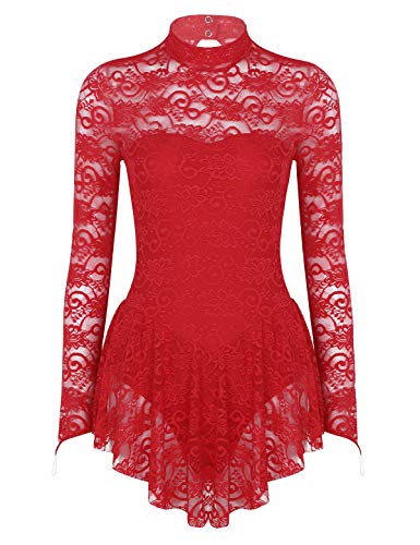 iEFiEL Damen Ballettkleid Rollkragen Spitzen Eiskunstlauf Kleid Tanzkleid Langarm Ballettanzug Trikot Body Wettkampf Sportkleid Rot M von iEFiEL