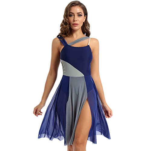 iEFiEL Damen Ballettkleid Tanzkleid mit Asymmetrisch Rock Wickelrock Tango Latein Kleider Leotard Ballettanzug Trikot Tanz-Body Gr. XS S M L XL Xa Navy blau L von iEFiEL