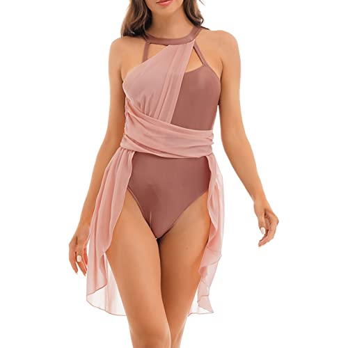 iEFiEL Damen Ballettkleid Tanzkleid mit Asymmetrisch Rock Wickelrock Tango Latein Kleider Leotard Ballettanzug Trikot Tanz-Body Gr. XS S M L XL Y Apricot S von iEFiEL