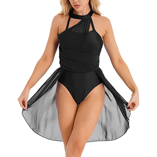 iEFiEL Damen Ballettkleid Tanzkleid mit Asymmetrisch Rock Wickelrock Tango Latein Kleider Leotard Ballettanzug Trikot Tanz-Body Gr. XS S M L XL Y Schwarz XL von iEFiEL