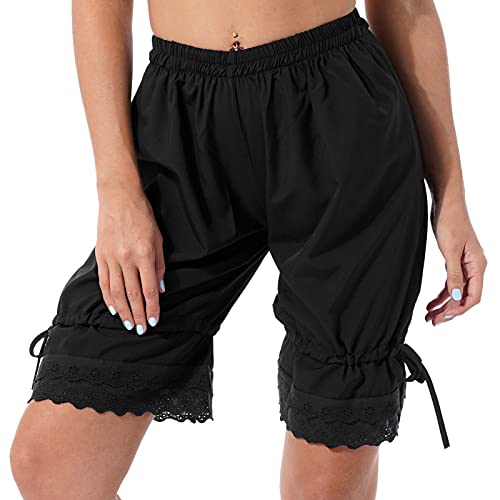 iEFiEL Damen Bloomers Vintage Rüschen Shorts Schlafanzughose mit Blumenspitze Viktorianische Prinzessin Kostüm Pumphose Kurze Shorts Schwarz XL von iEFiEL