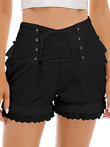 iEFiEL Damen Bloomers Vintage Rüschen Shorts Schlafanzughose mit Blumenspitze Viktorianische Prinzessin Kostüm Pumphose Kurze Shorts T Schwarz Schnüren S von iEFiEL