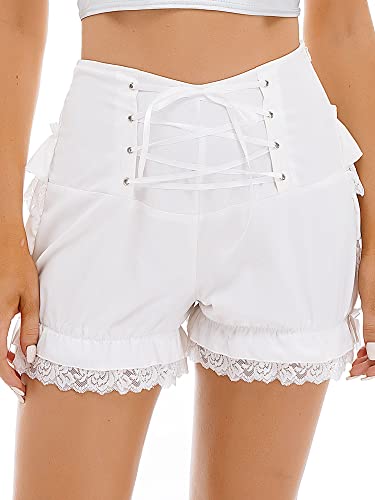 iEFiEL Damen Bloomers Vintage Rüschen Shorts Schlafanzughose mit Blumenspitze Viktorianische Prinzessin Kostüm Pumphose Kurze Shorts T Weiß Kurz L von iEFiEL