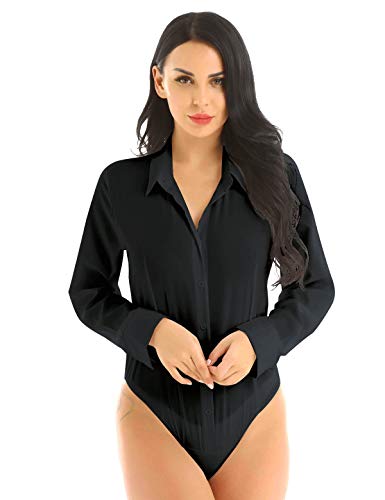 iEFiEL Damen Body Langarm Hemd-Body V-Ausschnitt Bluse Business Bodybluse Hemdbluse Stringbody Unterwäsche (X-Large, Schwarz) von iEFiEL