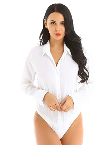 iEFiEL Damen Body Langarm Hemd-Body V-Ausschnitt Bluse Business Bodybluse Hemdbluse Stringbody Unterwäsche (X-Large, Weiß) von iEFiEL