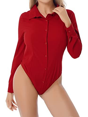 iEFiEL Damen Body Langarm Hemd-Body V-Ausschnitt Bluse Business Bodybluse Hemdbluse Stringbody Unterwäsche X Weinrot L von iEFiEL