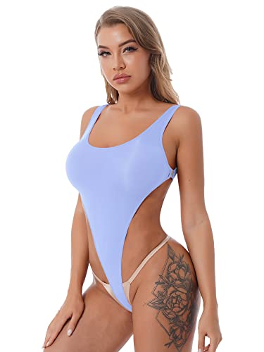 iEFiEL Damen Body Rückenfrei Bodysuit Transparent Stringbody mit Rundhalsausschnitt Overalls Reizwäsche Lingerie Unterhemd Dessous Y Hellblau Einheitsgröße von iEFiEL