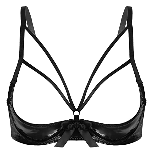 iEFiEL Damen Crop Top Neckholder Wetlook Brustfrei BH Weste Tank Tops Kurze Leder Schulterfrei Shirt Bikini Oberteil Clubwear Gogo Schwarz G M von iEFiEL