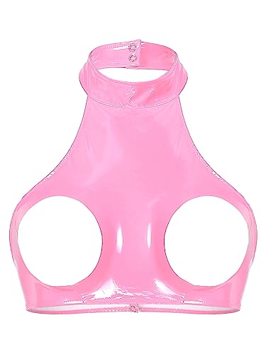 iEFiEL Damen Crop Top Neckholder Wetlook Brustfrei BH Weste Tank Tops Kurze Leder Schulterfrei Shirt Bikini Oberteil Clubwear Gogo Stil Rosa L von iEFiEL